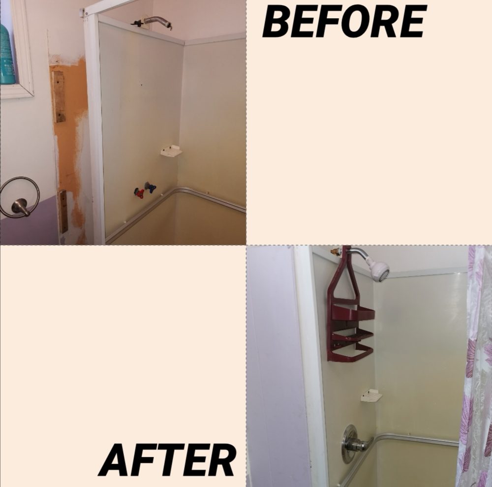 Before and after photos of a shower valve and fixture replacement